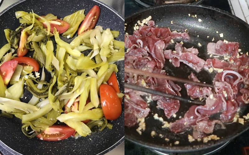 Cần xào riêng thịt bò và cà chua, dưa chua để mỗi nguyên liệu thấm gia vị