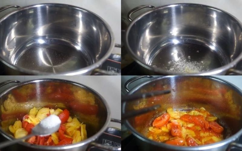 Cà chua và thơm được xào sơ trước khi cho vào nồi nước dùng