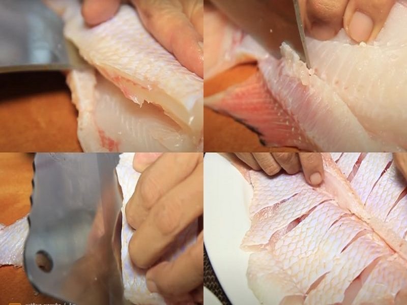 Tách thịt cá diêu hồng và loại bỏ phần xương khi nấu cháo