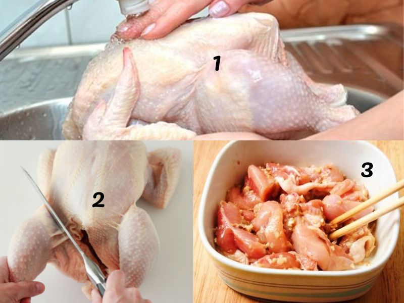 Thịt gà cần làm sạch, chặt và ướp gia vị để hương vị đậm đà hơn