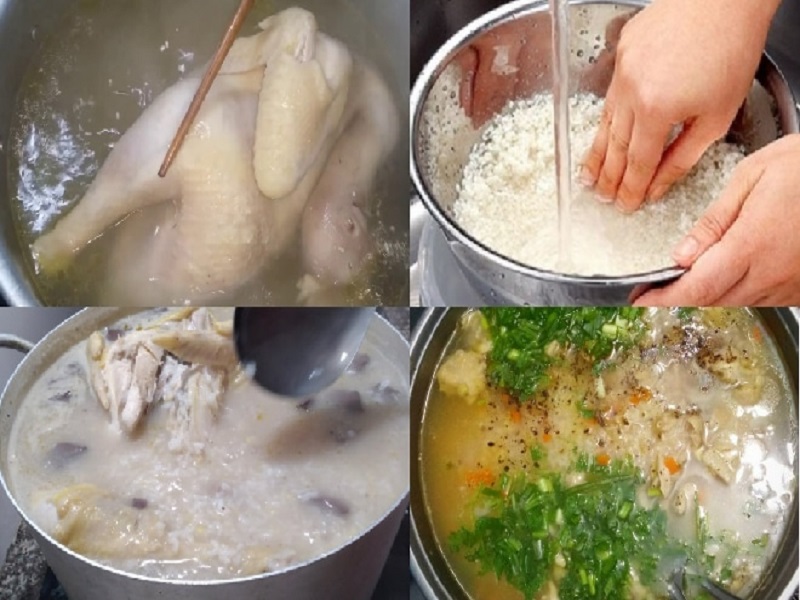 Nấu cháo trắng với gà theo cách nấu cháo gà nguyên con bằng nồi cơm điện 