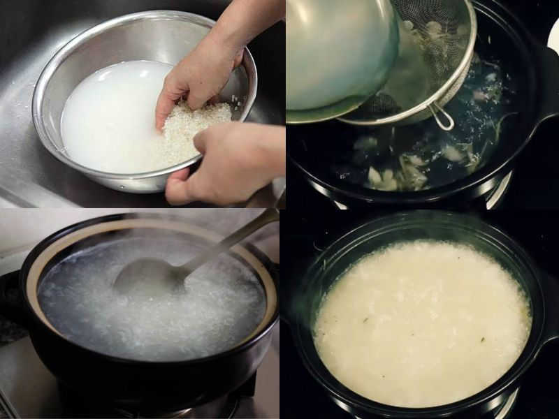 Nấu cháo từ gạo ngâm và nước luộc nghêu cho đến nhừ