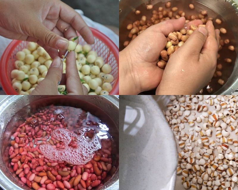 Rửa sạch các loại hạt ngũ cốc: hạt sen, đỗ đỏ, hạt dẻ, ngô, lạc nhân, ý dĩ