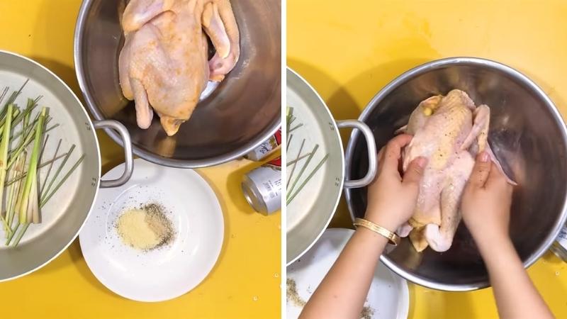 Ướp gà với gia vị cho thấm trước khi chế biến gà hấp bia để thịt gà thơm ngon hơn