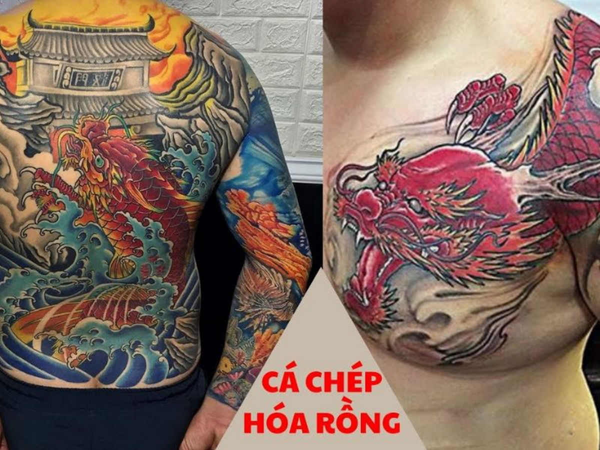 Gợi ý mẫu tattoo cá chép hóa rồng màu đỏ tượng trưng cho sự may mắn và tình mẫu tử