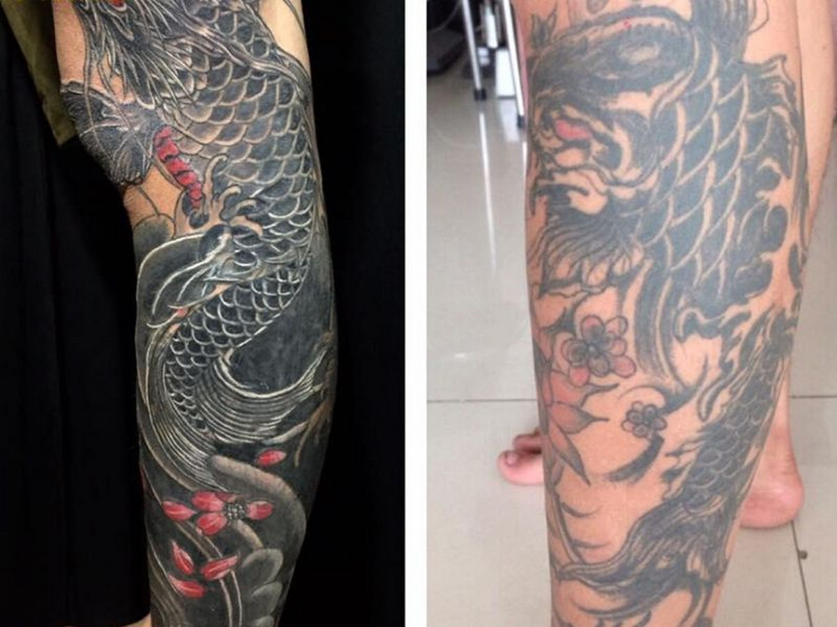Mẫu tattoo xăm cá rồng full chân được nhiều anh em yêu thích