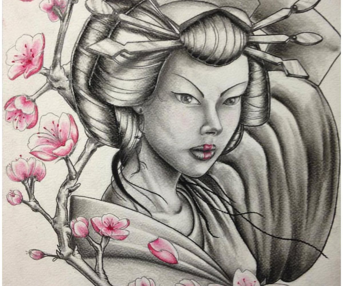 Hình xăm geisha trắng đen kết hợp hoa anh đào nét căng đét