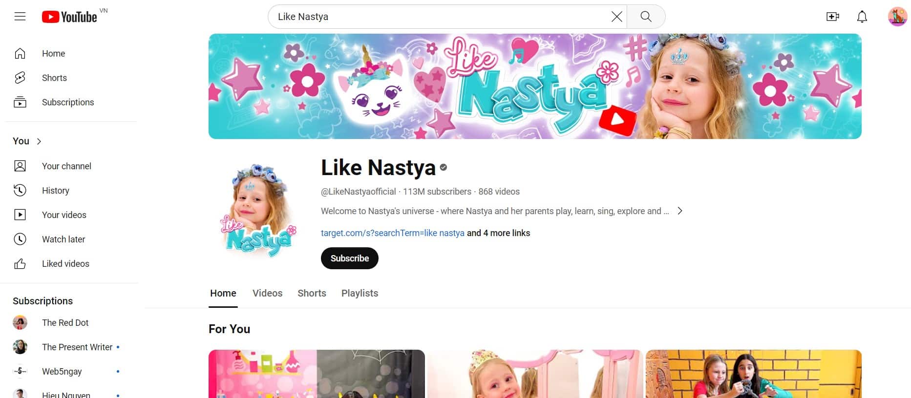Giao diện trang chủ kênh Like Nastya trên Youtube