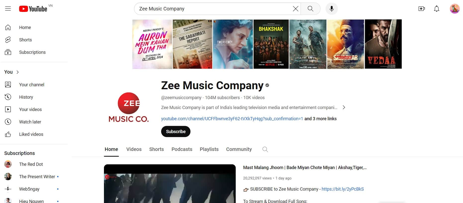 Kênh Zee Music Company có 104 triệu lượt subcribes - Một con số khủng bao Youtuber ao ước
