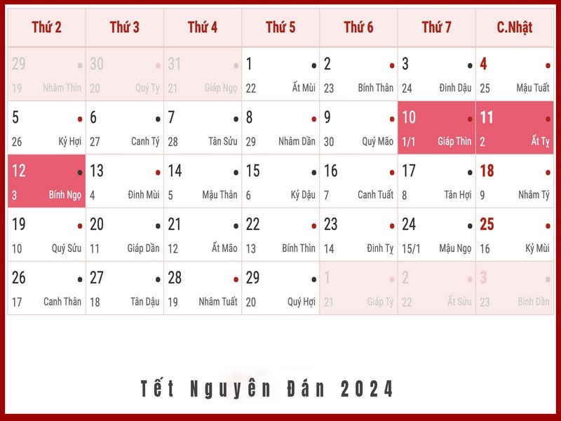 Còn bao nhiêu ngày nữa đến tết 2024 Giáp Thìn: Tết Nguyên Đán 2024 rơi vào ngày 10/2/2024 dương lịch (mùng 1 Tết)