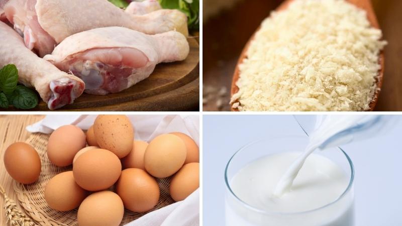 Nguyên liệu làm gà chiên gồm gà, bột, trứng, sữa,...