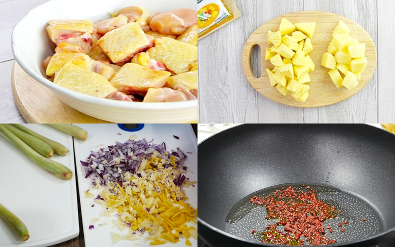 Nguyên liệu nấu cà ri gà gồm gà ta, khoai tây, khoai lang,...