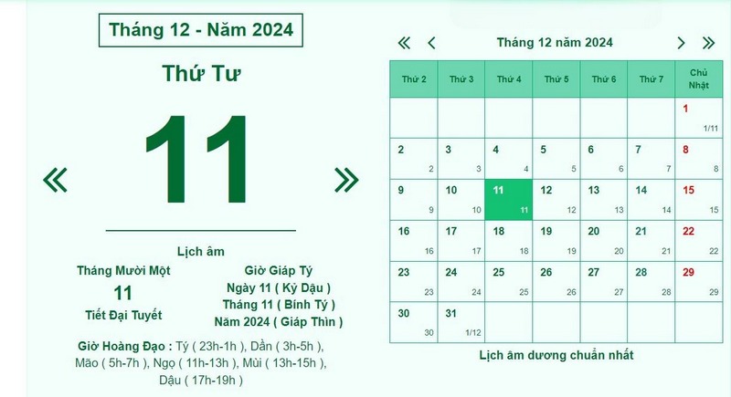 Ngày 11/11 âm là ngày bao nhiêu dương 2024?