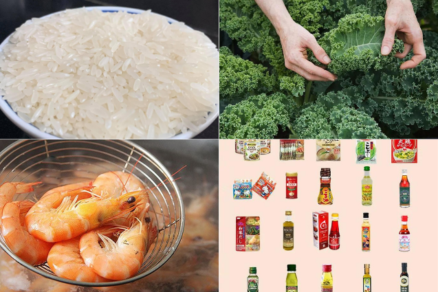 Nguyên liệu bao gồm cải kale, tôm, gạo, gia vị ăn dặm 