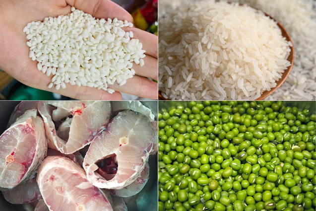 Nguyên liệu nấu cháo gồm gạo tẻ, gạo nếp, cá chép, đậu xanh 