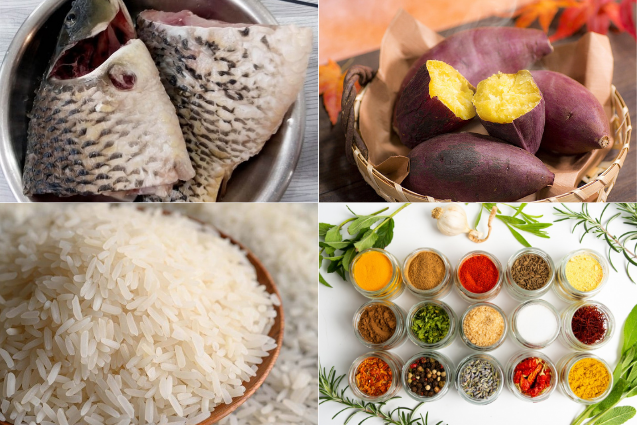 Nguyên liệu làm món cháo gồm gạo, khoai lang, cá chép, gia vị ăn dặm 