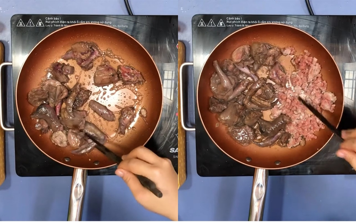 Công đoạn xào thịt chim bồ câu và thịt băm trên bếp