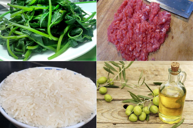 Nguyên liệu nấu cháo gồm rau lang, thịt bò, dầu ô liu, gạo tẻ 