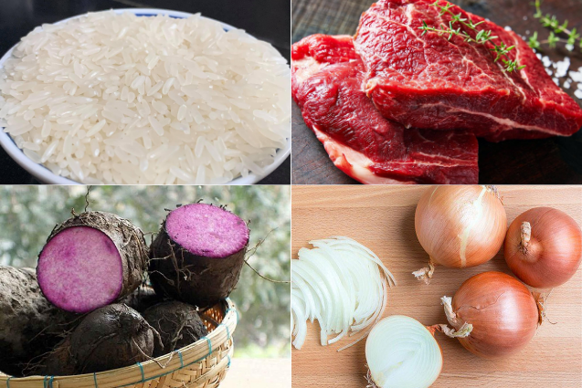 Nguyên liệu nấu cháo gồm gạo, thịt bò, khoai mỡ, hành tây 