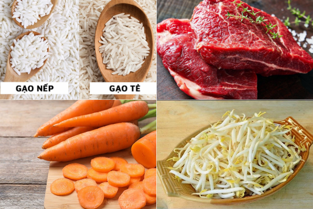 Nguyên liệu gồm gạo nếp, gạo tẻ, thịt bò, cà rốt và giá đỗ