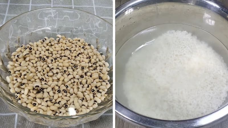 Ngâm gạo và đậu trong nước sau đó để ráo